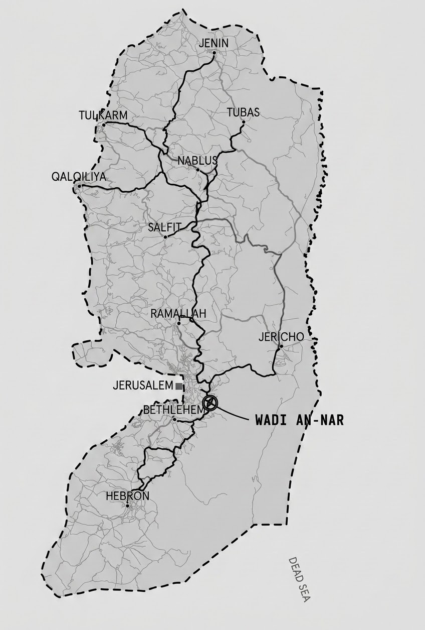Map of the West Bank showing roads converging at Wadi an Nar, between Bethlehem and the Dead Sea.