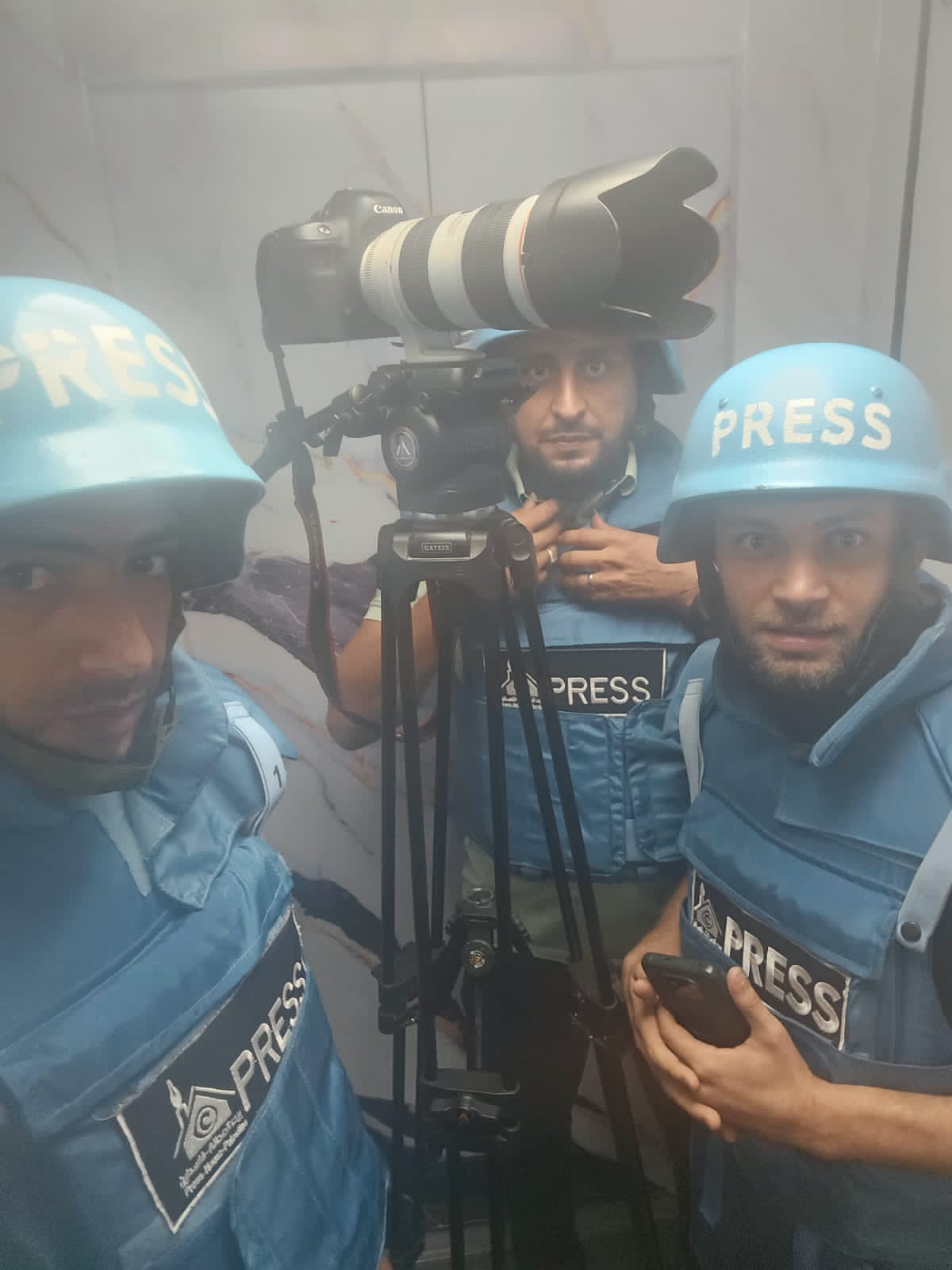 A selfie of Mohammed Sobh and Hisham Nwajha of the Khabar Agency taken as they went down to street level to cover the expected bombing of Haji Tower. Samer Za’aneen