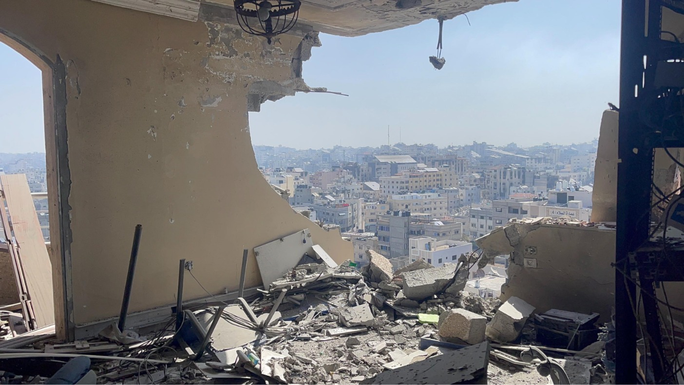 AFP server room located on the 11th floor of the Hajji Tower partially destroyed by a strike carried out on November 2, 2023 (Credit: AFP)