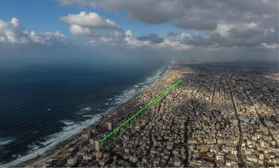 Photo montage showing the possible positions of the tanks that fired on Hajji (dotted line) and Al-Ghifari (solid line)(Credit: Ain Media / Le Monde)
