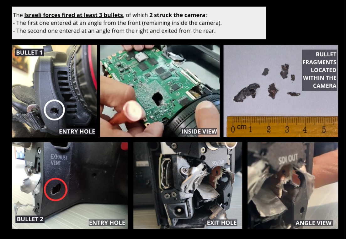 Damage to the Al Araby TV camera sustained during the shooting (Credit: Own elaboration with pictures from Ameed Shehade).