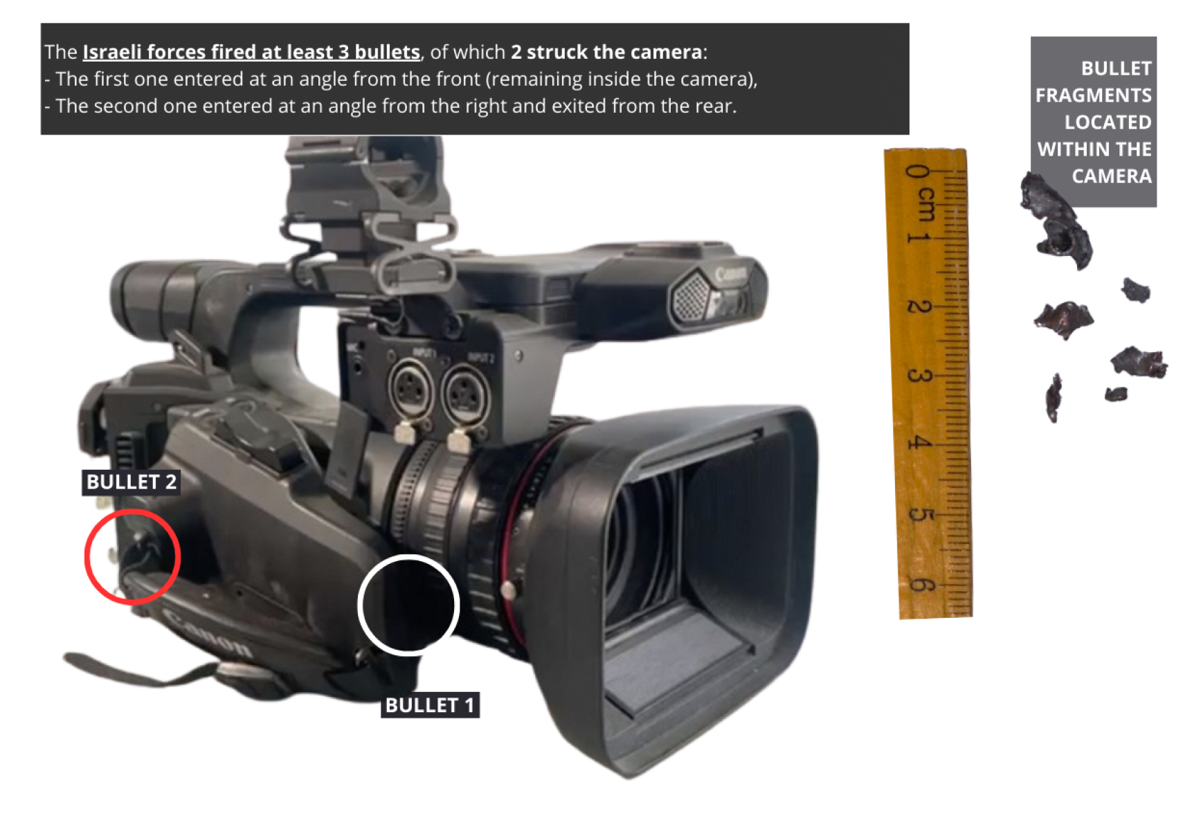 Damage to the Al Araby TV camera sustained during the shooting (Credit: Own elaboration with pictures from Ameed Shehade).