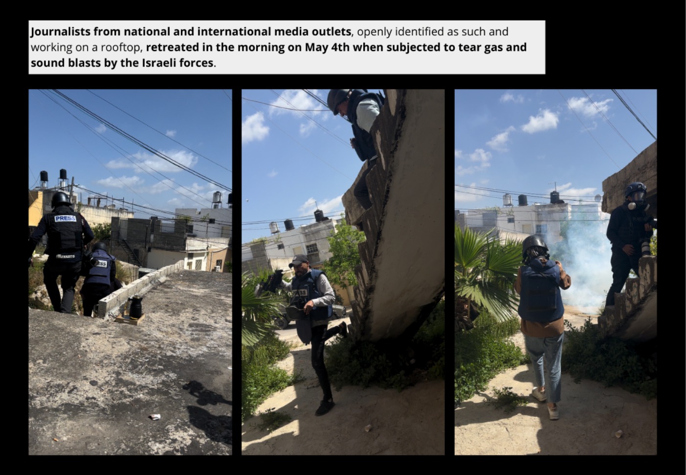 Journalists trying to escape tear gas thrown by the Israeli forces the morning of May 4, 2024 in Deir Al-Ghusun (Credit: Own elaboration with screenshots from a video by Raghad Salameh)