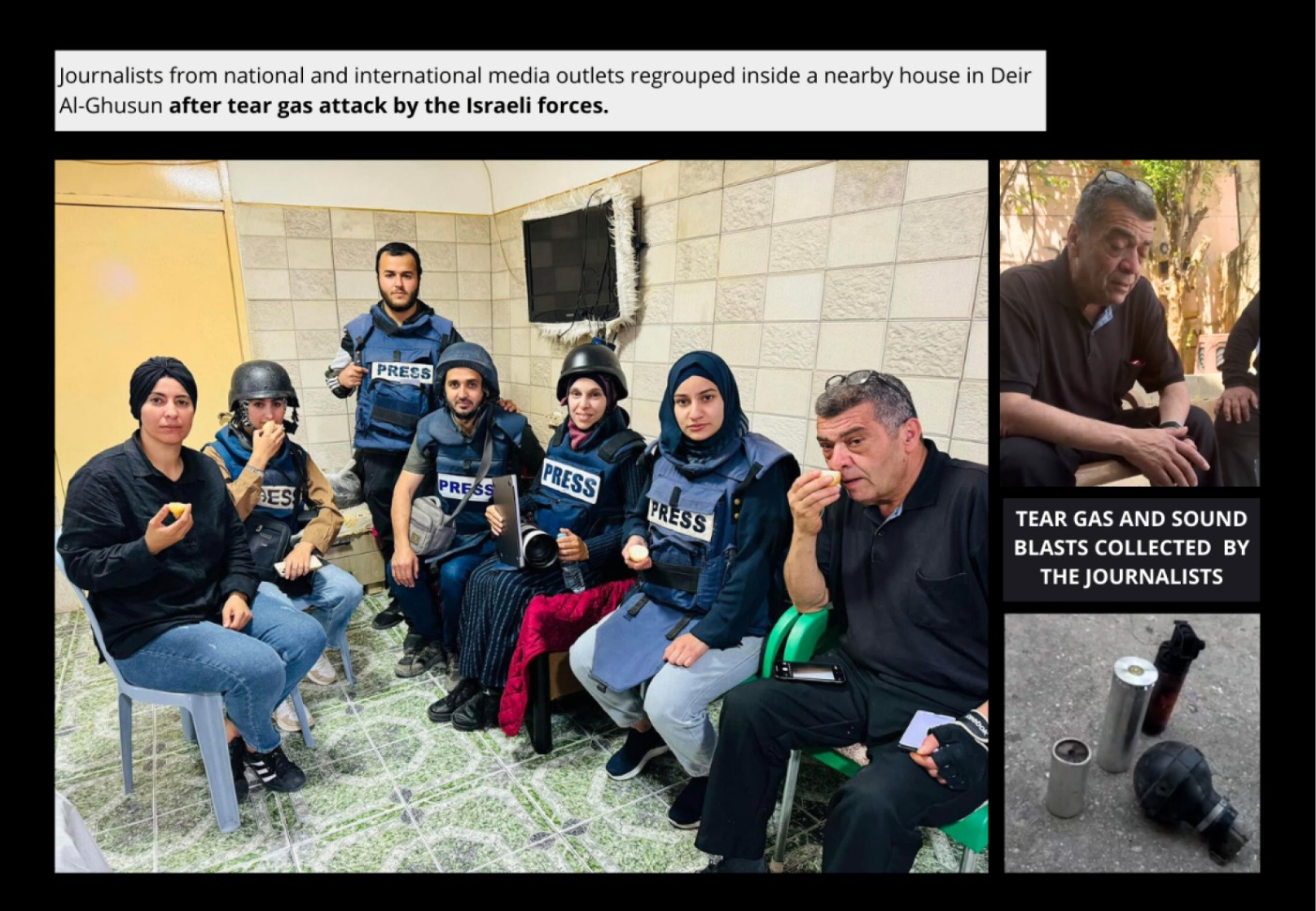 Journalists recovering after being attacked by the Israeli forces with tear gas and sound blasts, the morning of May 4, 2024, in Deir Al-Ghusun (Credit: Personal documentation with pictures by Raghad Salameh and other journalists present).