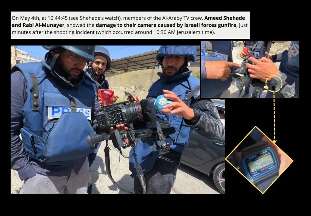 Ameed Shehadeh and Rabi Al-Munayer (Al Araby TV) a few minutes after the shooting. (Credit: Own elaboration with screenshots from a video by Issam Rimawi)