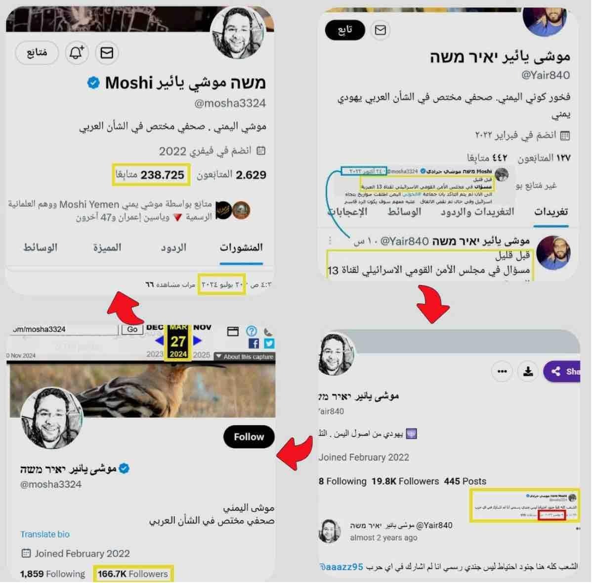 Separate archival screenshots showing the growth in the number of followers of the account between October 2023 – July 2024.