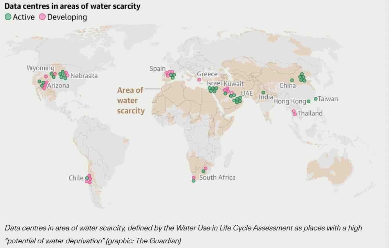 Data centers in water-scarce regions, defined by a life-cycle water use assessment as locations with 'high potential for water deprivation' (Graphic: The Guardian)
