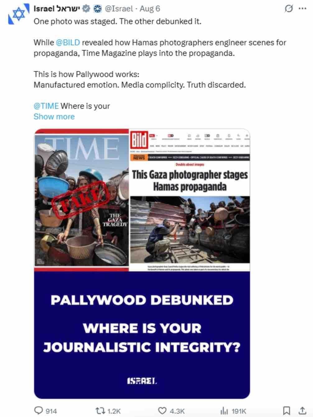 Screenshot of a post on official Israeli account promoting Bild Story of August 6, 2025